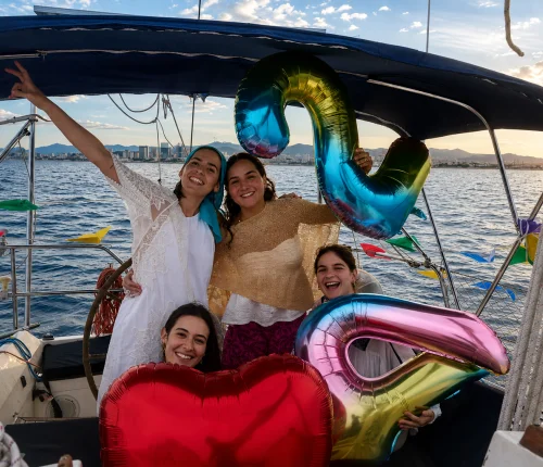 Grupo de amigas celebrando un cumpleaños en velero privado en Barcelona con globos de colores al atardecer